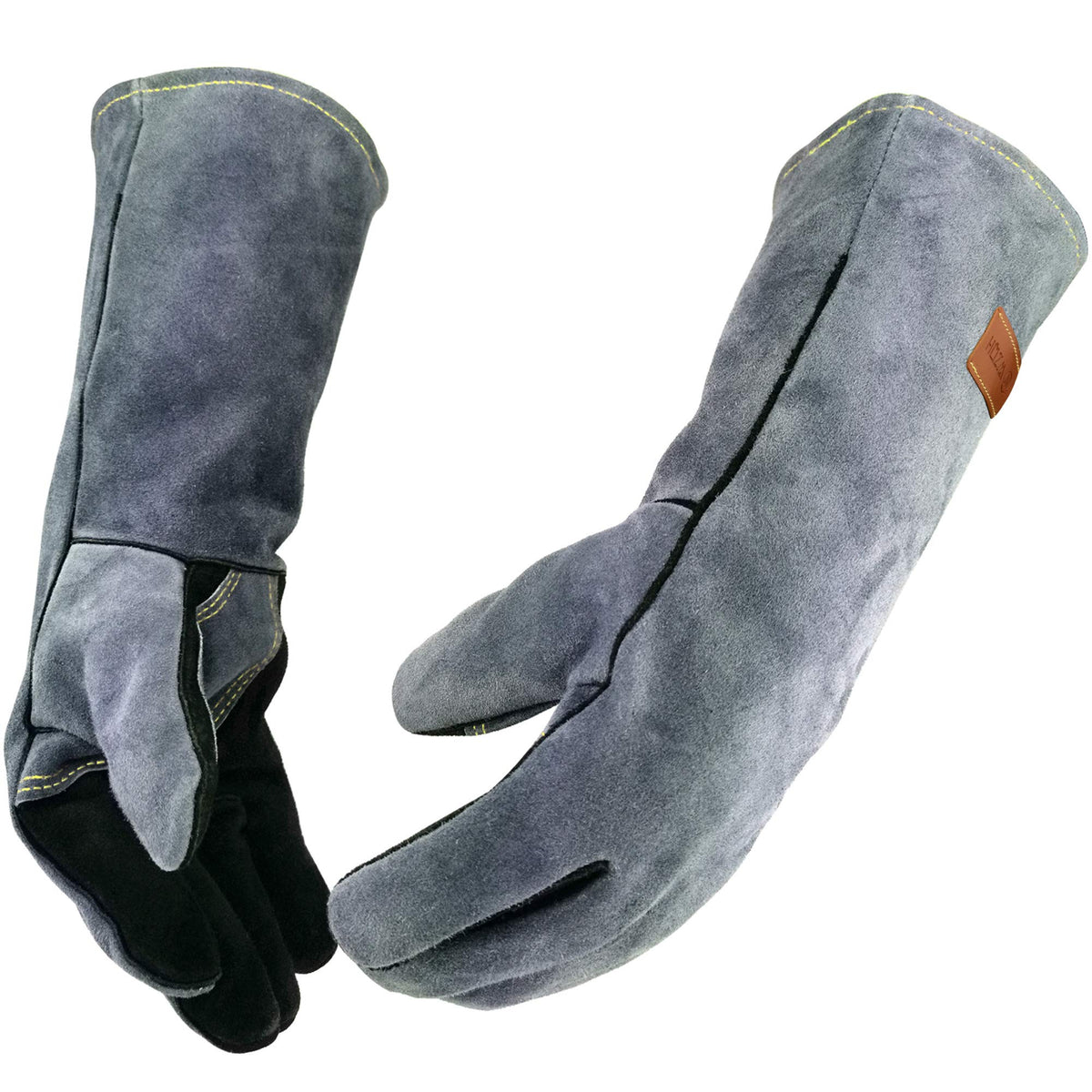 WZQH leather welding gloves with extended sleeve protect forearms during tasks.
