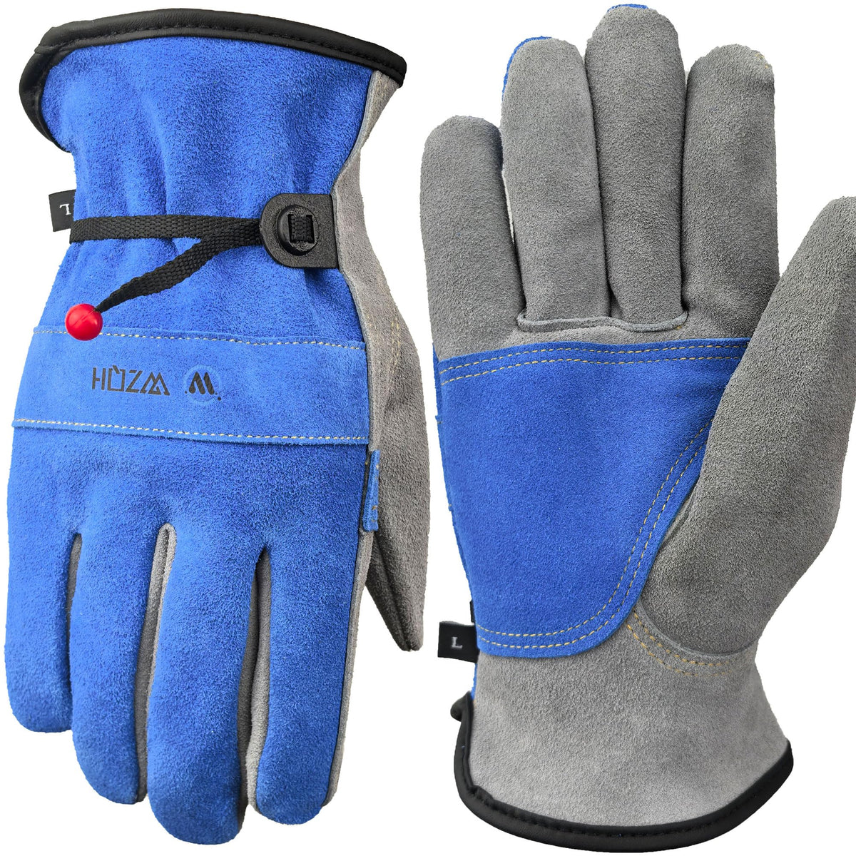 WZQH leather work gloves blue-grey front view with reinforced palm for grip