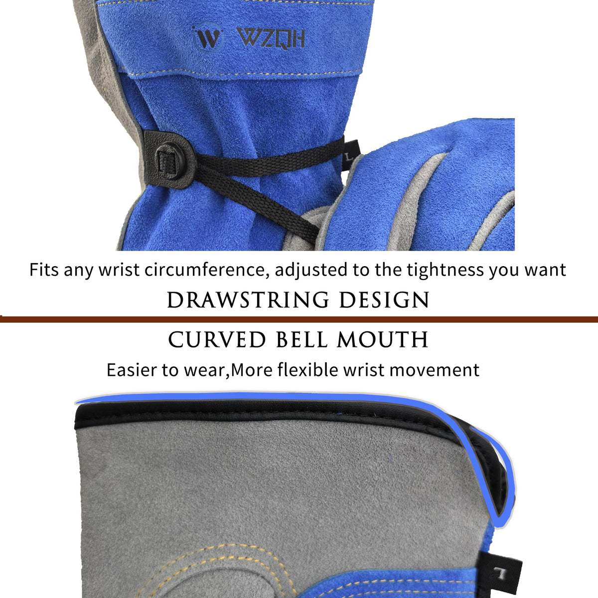 WZQH leather work gloves blue-grey palm close-up highlighting thick cowhide material