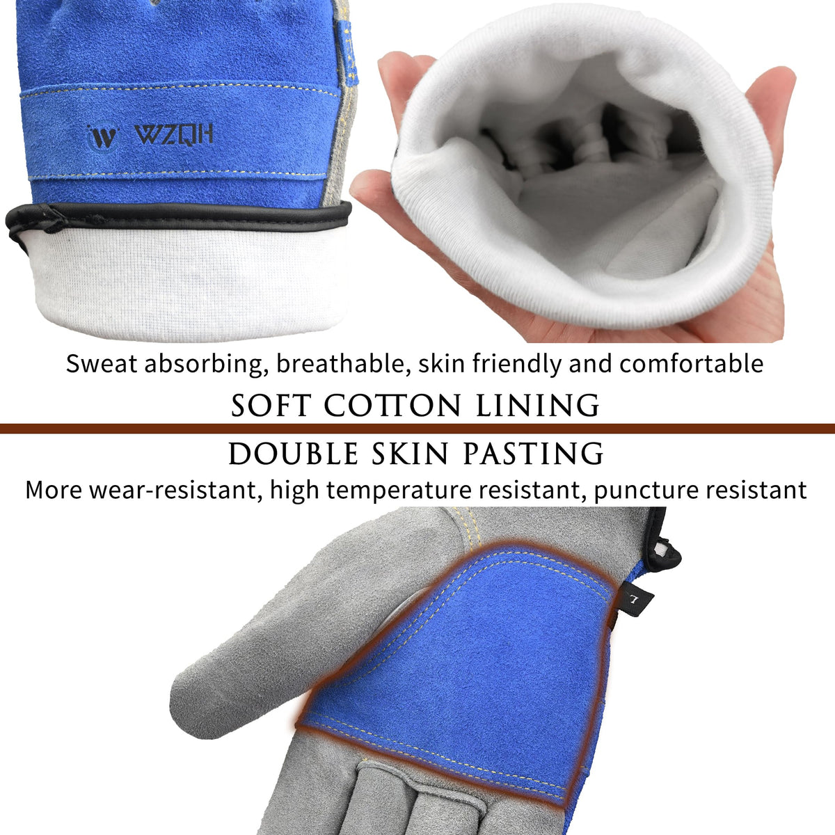 WZQH leather work gloves blue-grey side profile showing adjustable wrist for a secure fit