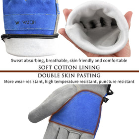 WZQH leather work gloves blue-grey side profile showing adjustable wrist for a secure fit