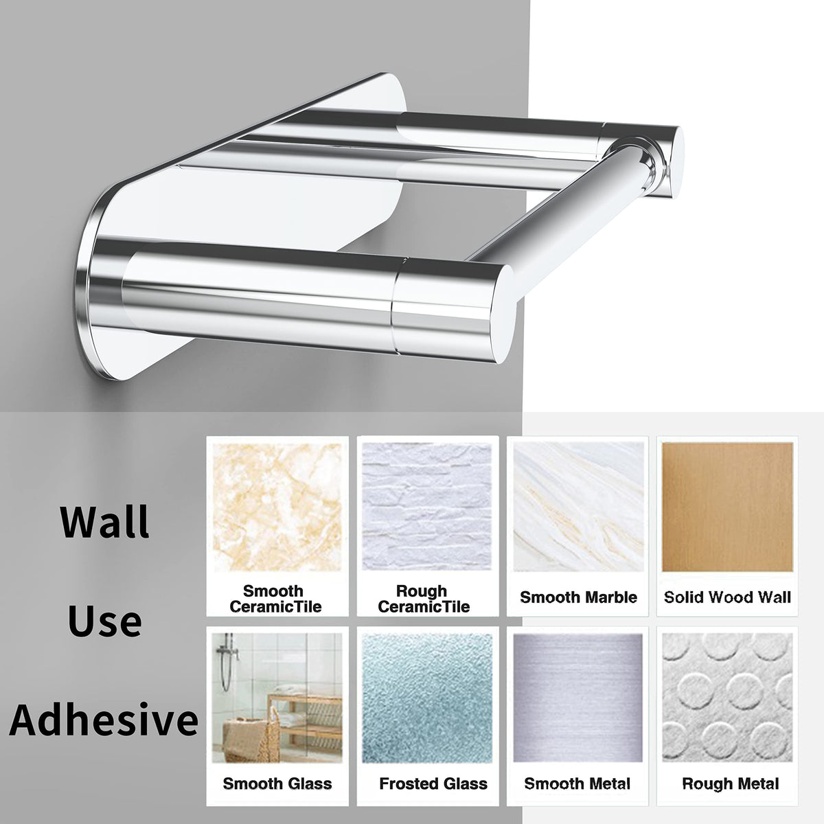 Adhesive mounting works on ceramic, tile, marble, metal, and glass surfaces