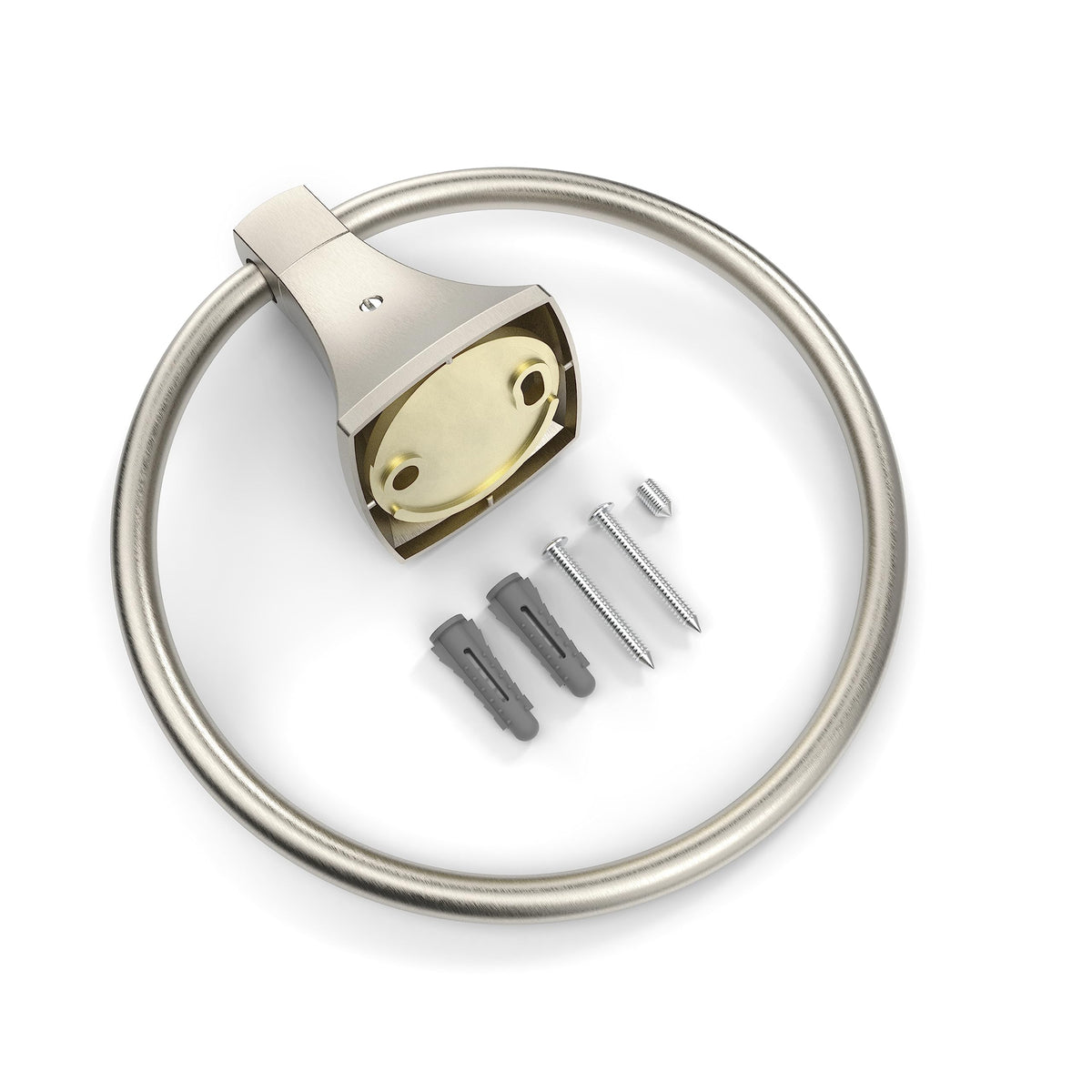 Modern brushed nickel finish complements contemporary bathroom decor.