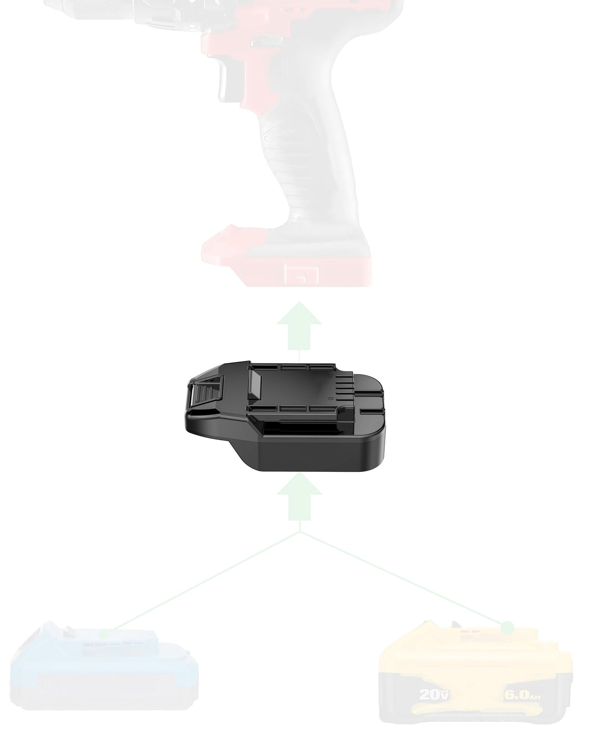 X-Adapter powers Bauer 20V tools with a DeWalt 20V battery, enabling versatile power.