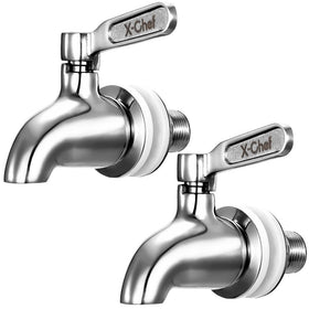 X-Chef stainless steel beverage spigot on a glass dispenser for durable serving
