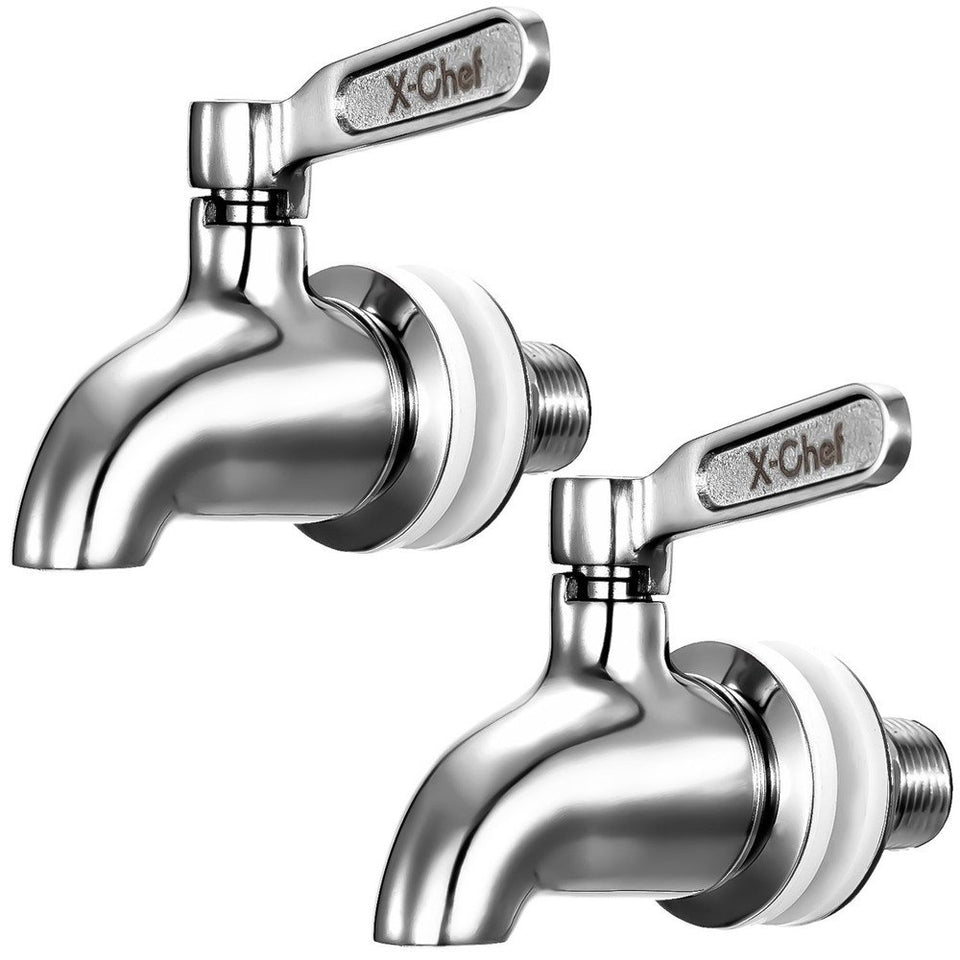 X-Chef stainless steel beverage spigot on a glass dispenser for durable serving