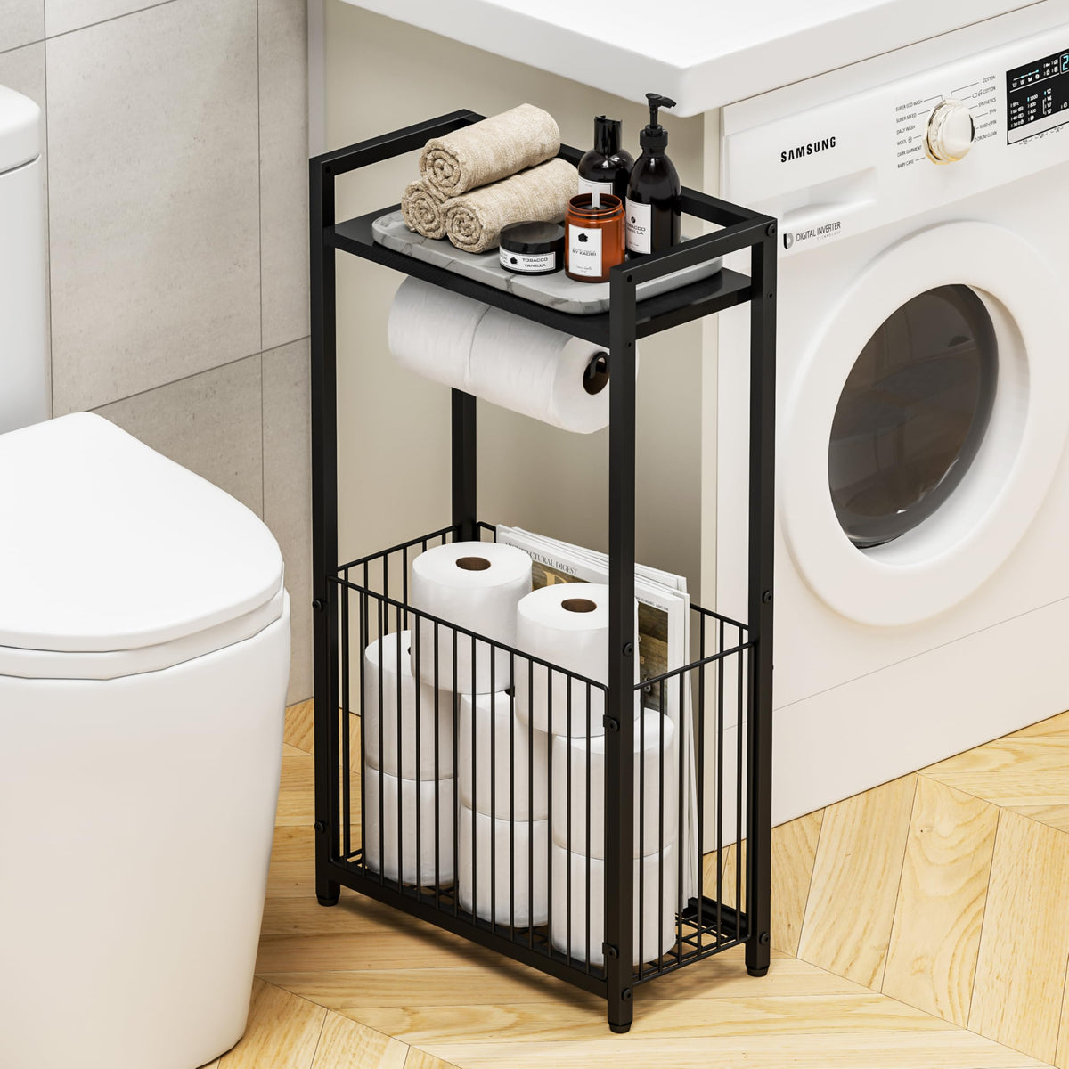 X-cosrack freestanding toilet paper holder with two-roll hooks for quick access