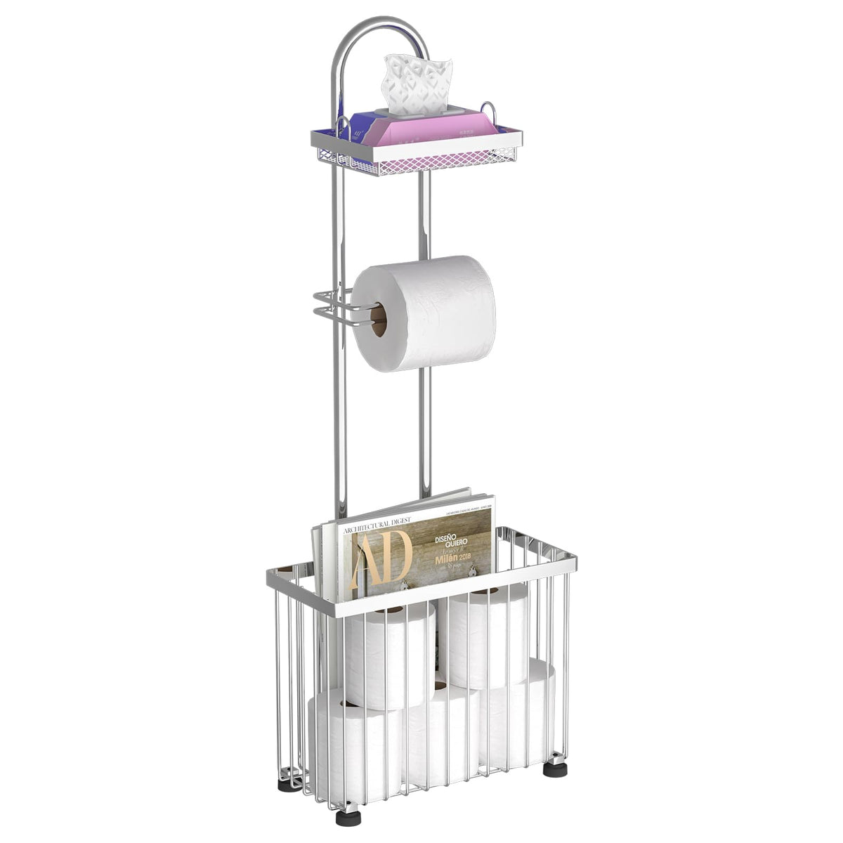 X-cosrack freestanding toilet paper holder with silver finish for easy roll access.