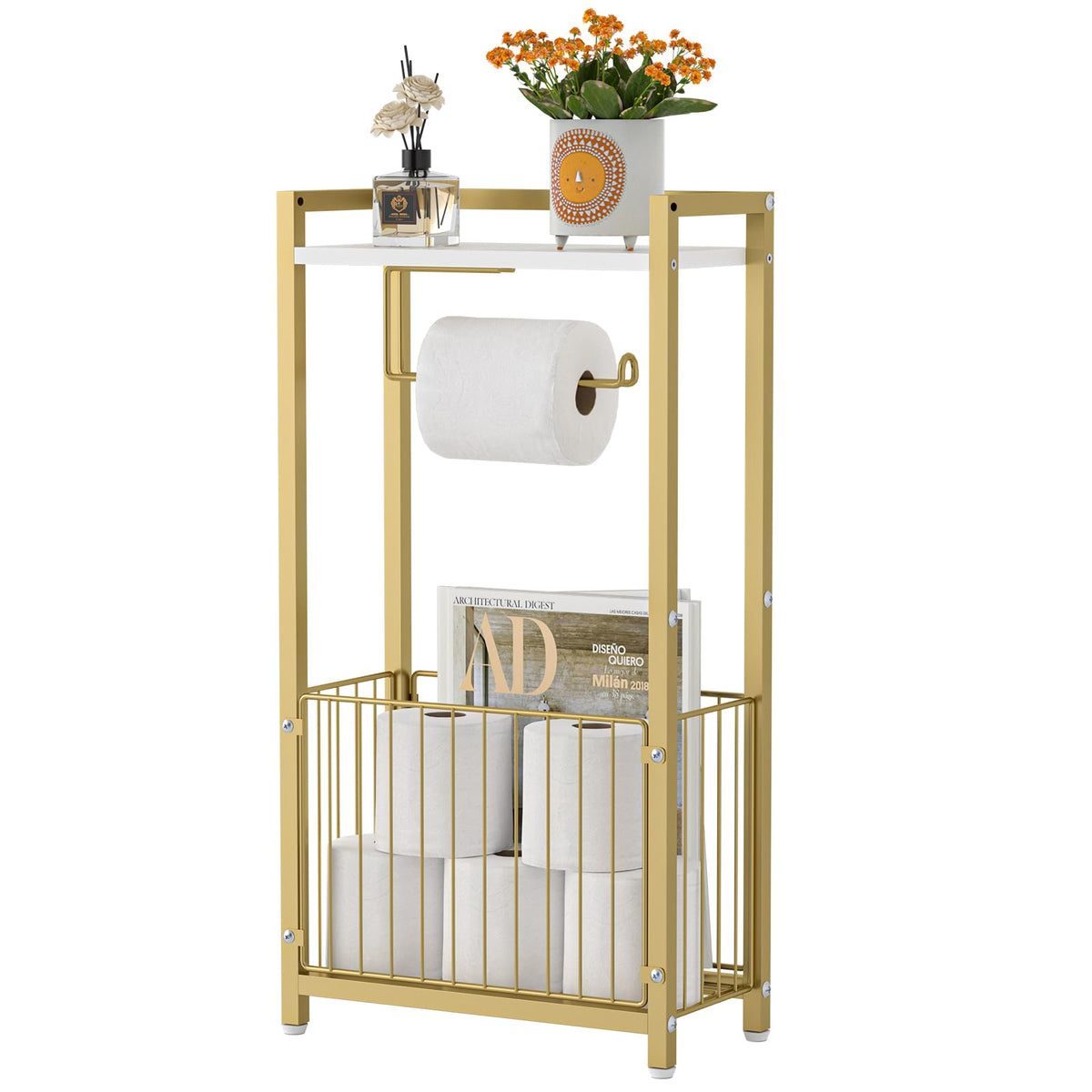X-cosrack toilet paper holder with storage shelf in gold keeps tissues organized and accessible.