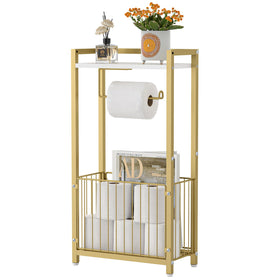 X-cosrack toilet paper holder with storage shelf in gold keeps tissues organized and accessible.