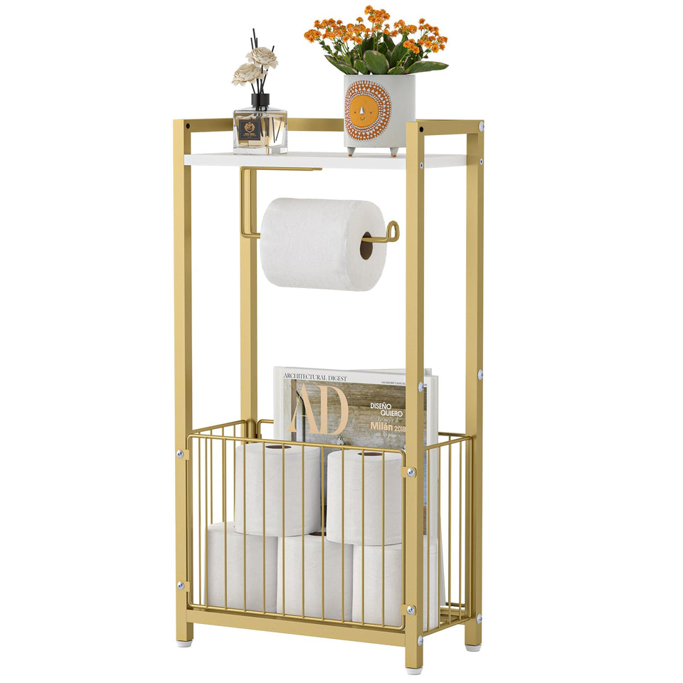 X-cosrack toilet paper holder with storage shelf in gold keeps tissues organized and accessible.