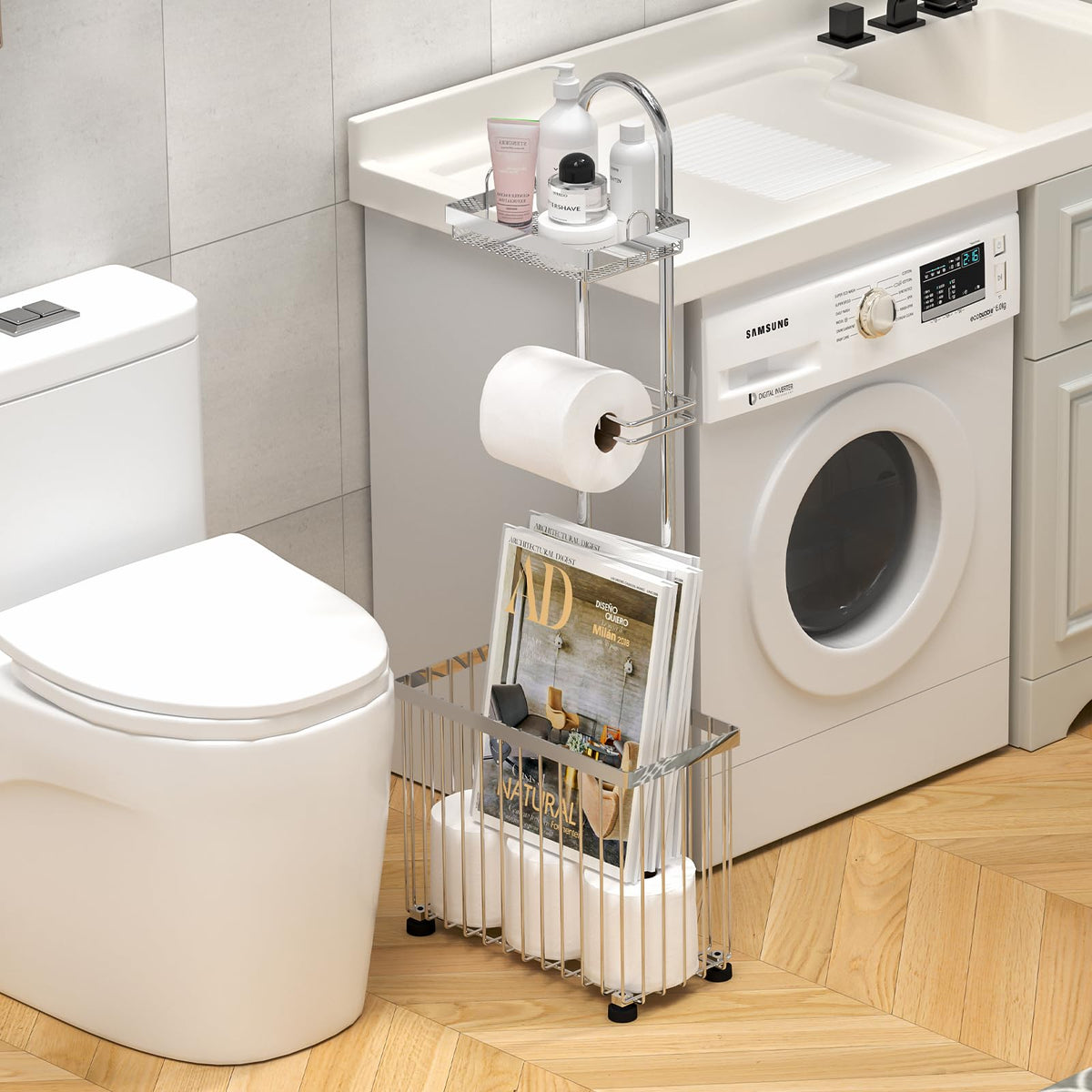 X-cosrack toilet paper stand with top shelf for phone and wipes.