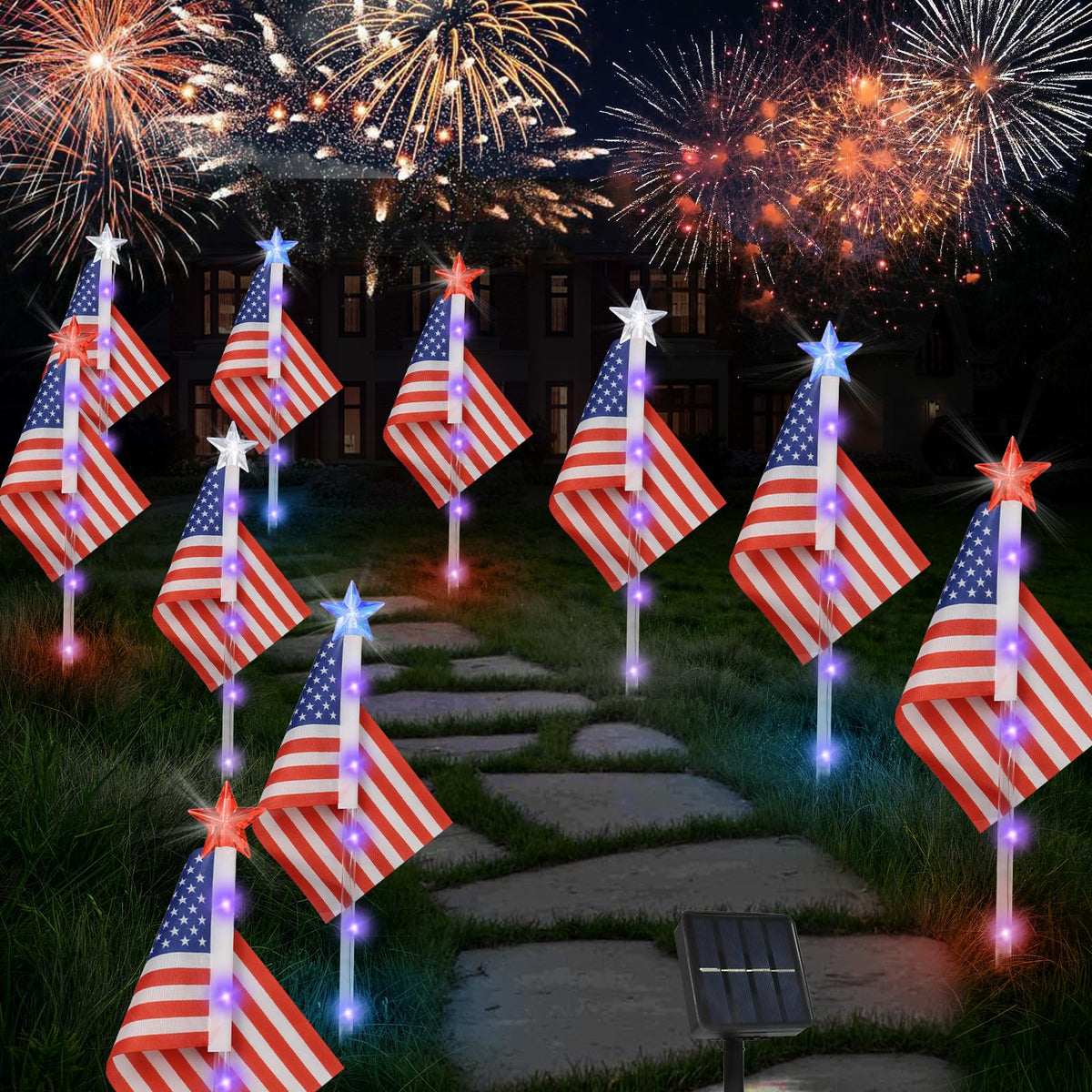 X-GiftKey American flag lights in a 6-pack illuminate your yard with patriotic charm.
