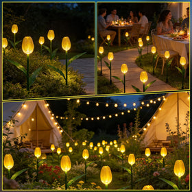 Bright tulip solar light in yard for warm nighttime glow