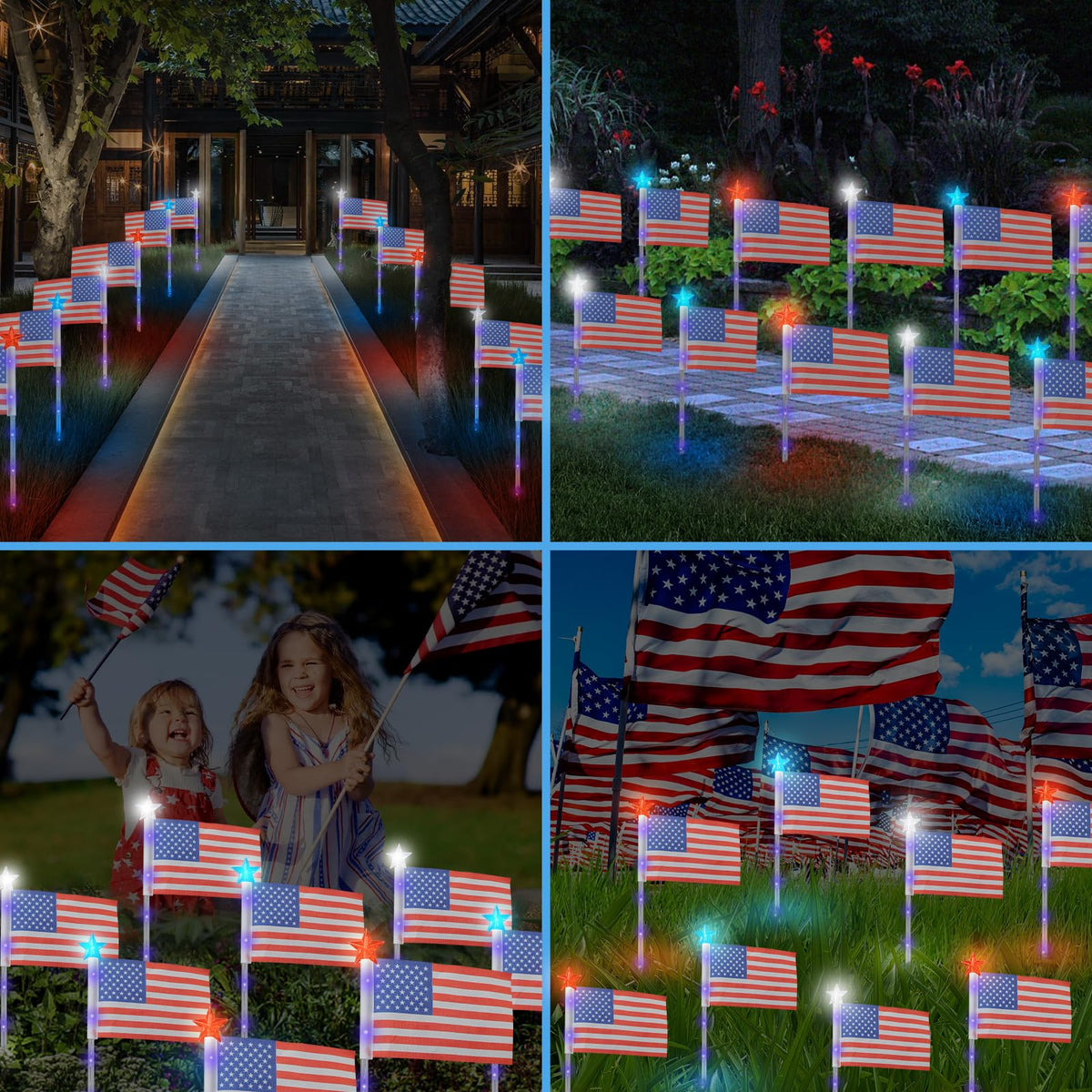 X-GiftKey flag lights show red, white and blue hues along pathways.