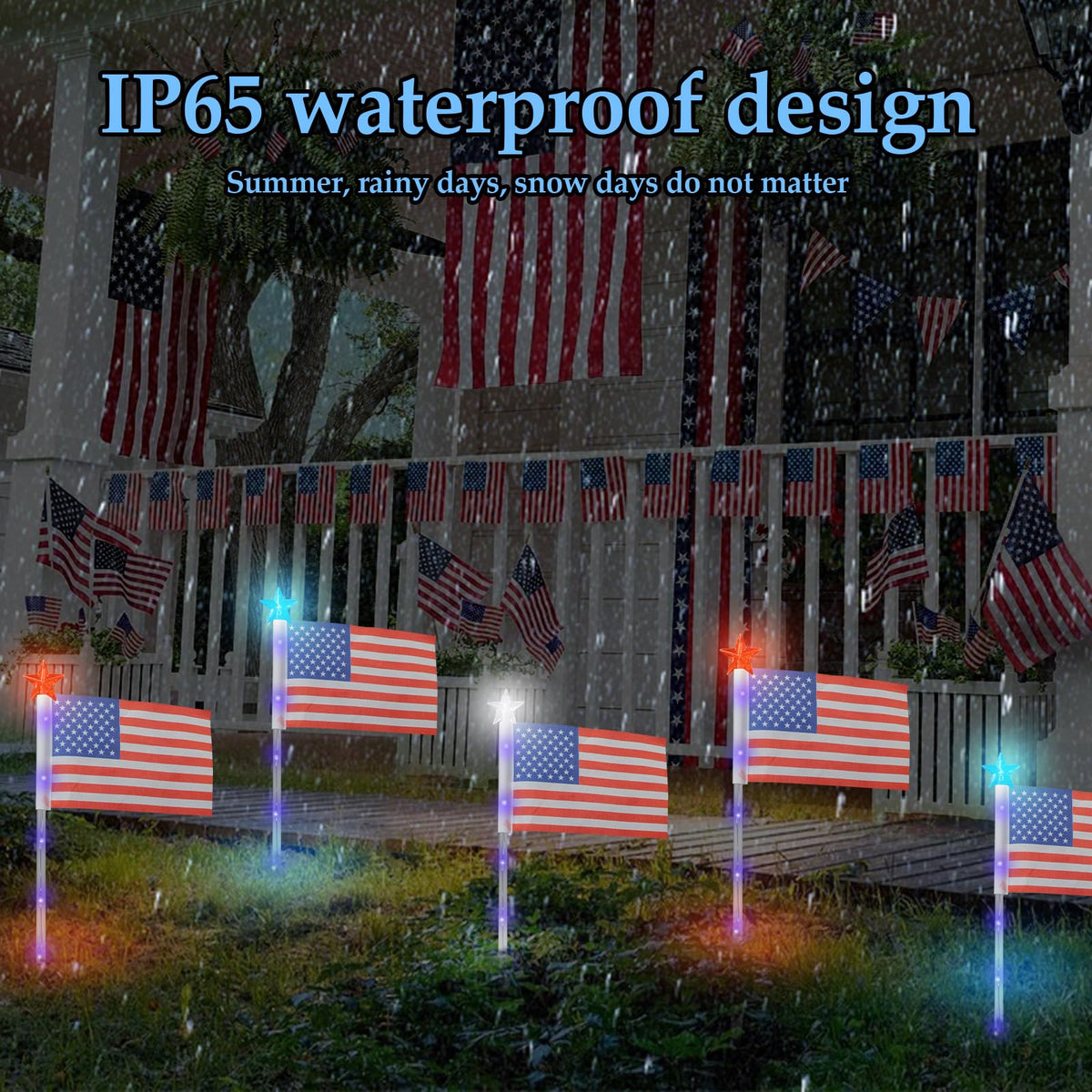 X-GiftKey night-time patriotic path lights boost curb appeal.