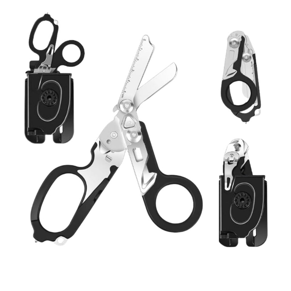 X.I. Products 6-in-1 trauma shears folded compact for easy pocket carry.