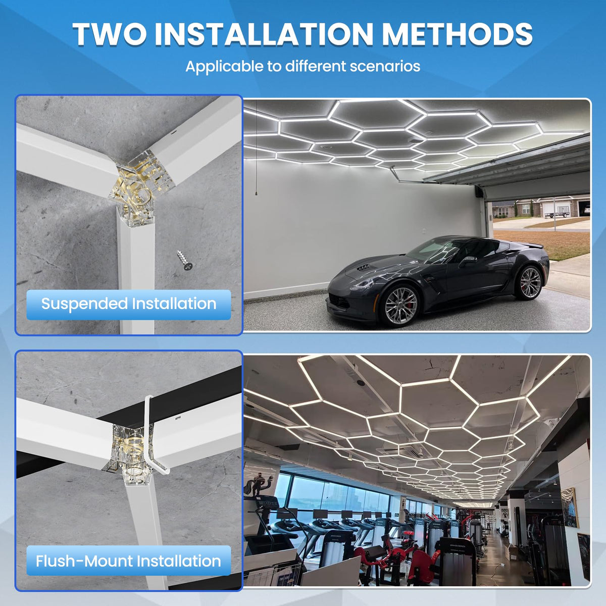 X-Litall hexagon lights in workshop reveal even illumination over tools