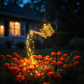 X-PREK solar watering-can lights with a top globe create garden ambiance after dark.