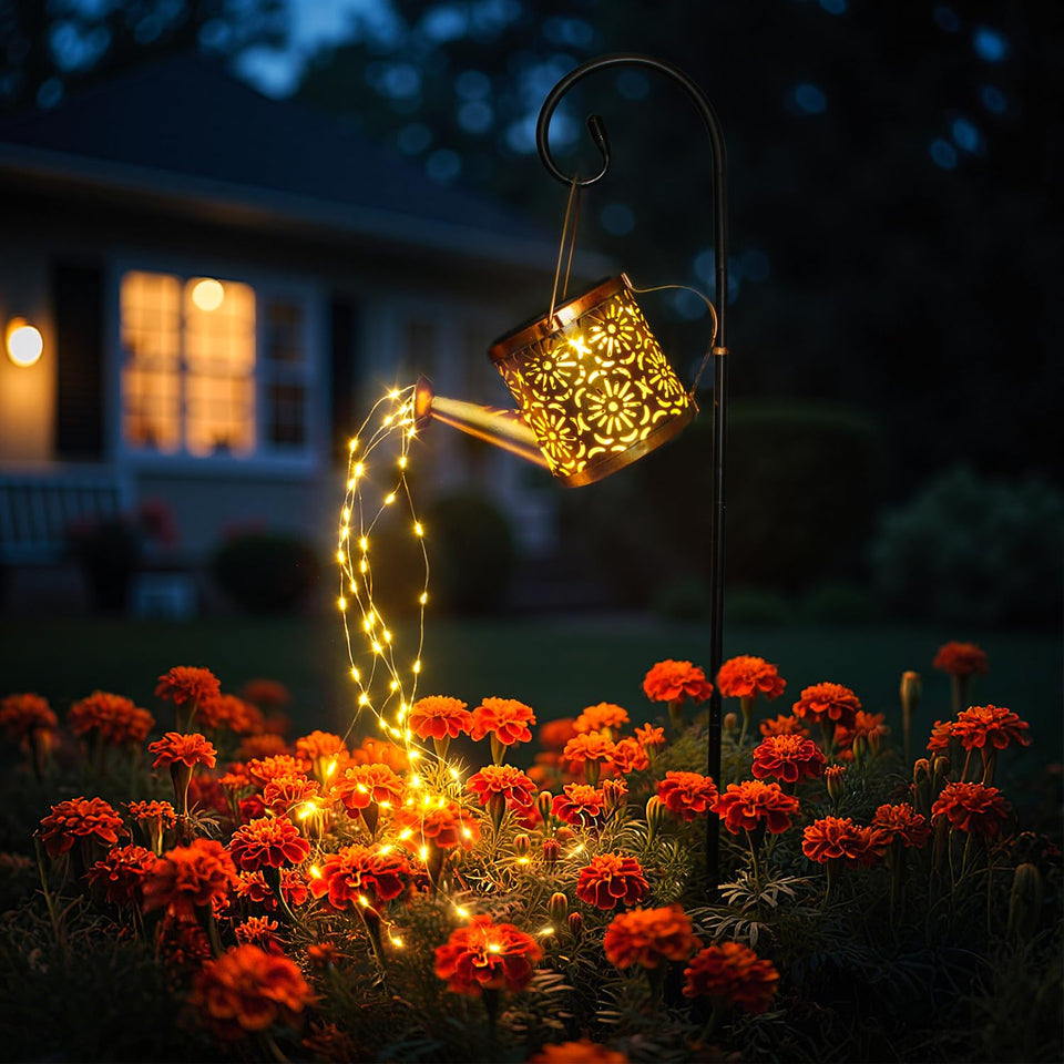 X-PREK solar watering-can lights with a top globe create garden ambiance after dark.