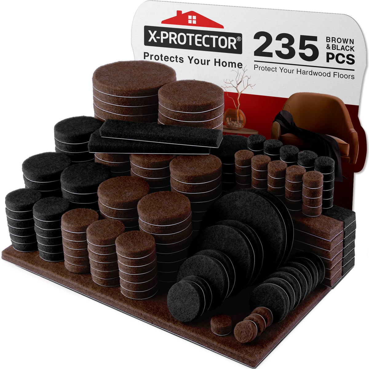 X-Protector 235pcs felt pads brown and black pack laid out for hardwood floor protection