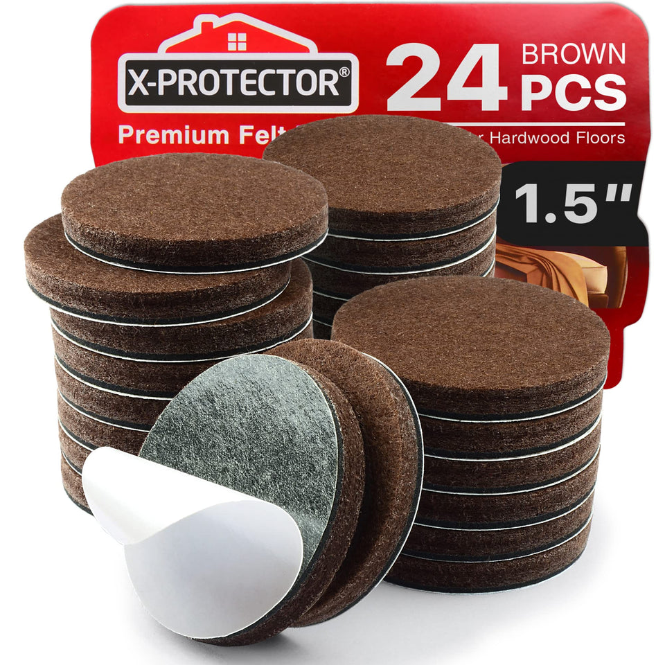 X-Protector 24 heavy-duty round felt pads on a hardwood floor protecting furniture feet
