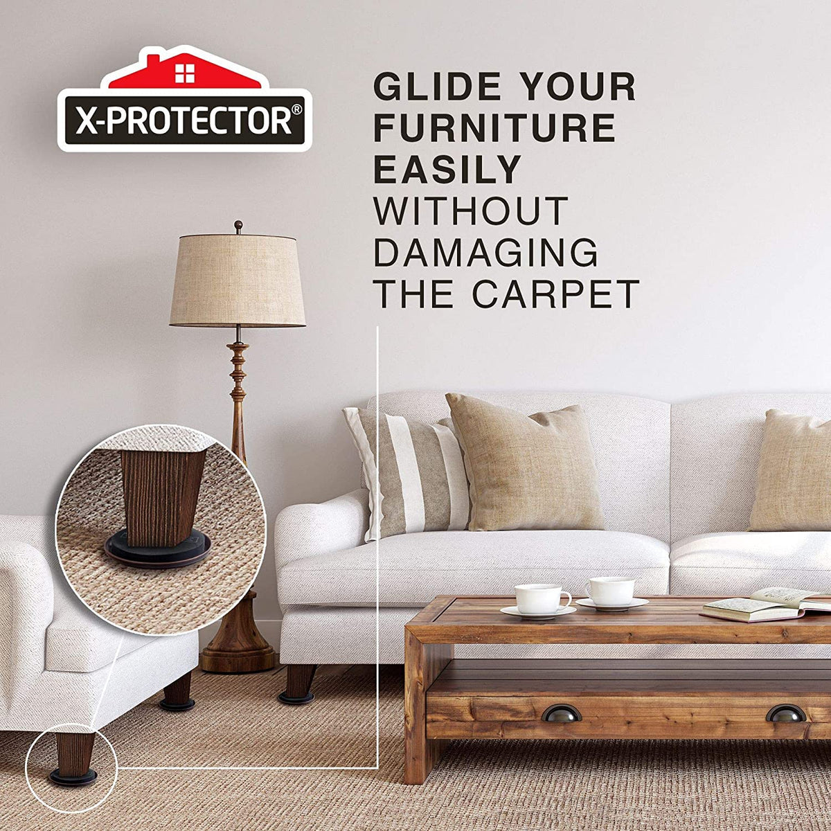 Durable rubber foam grip keeps furniture in place on carpet surfaces.