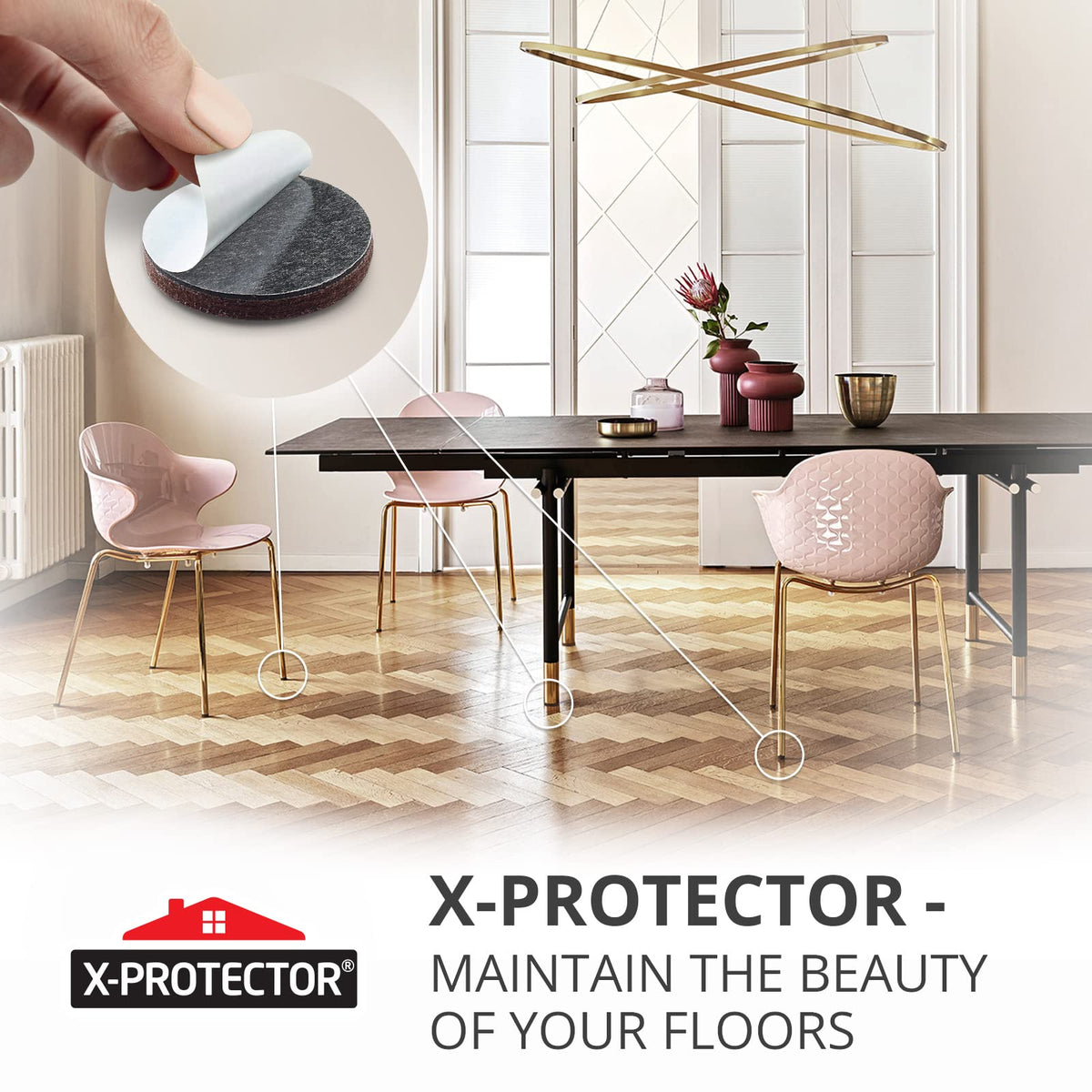 Brown round X-Protector furniture pad blending with decor while protecting floors
