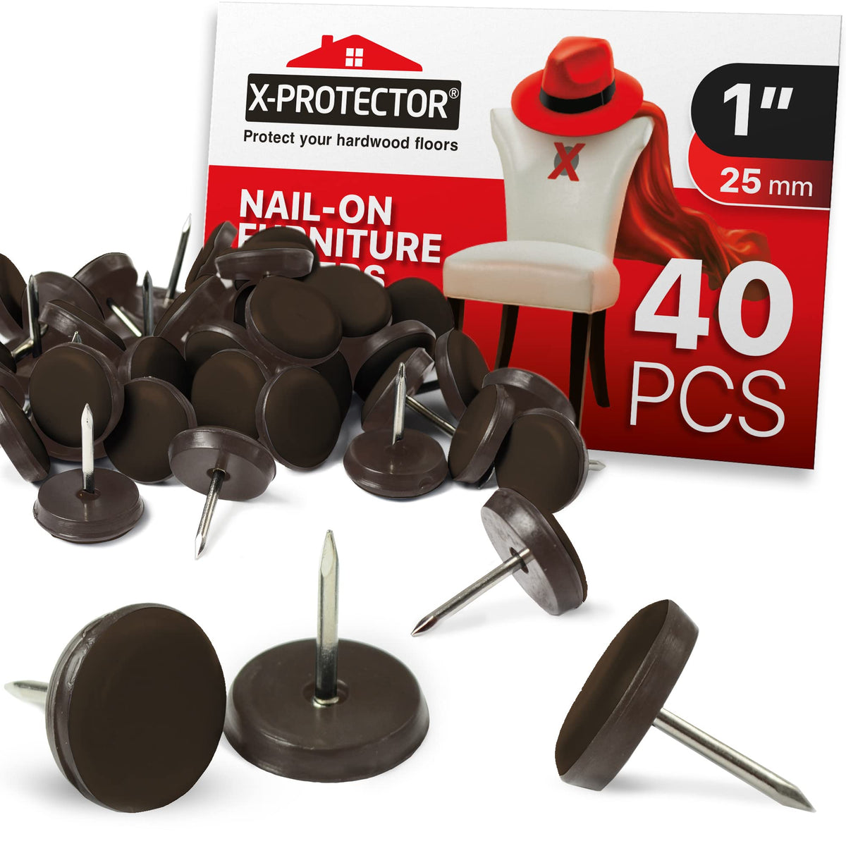 X-Protector chair glides 1inch brown nail-on protect floors and reduce scratches.