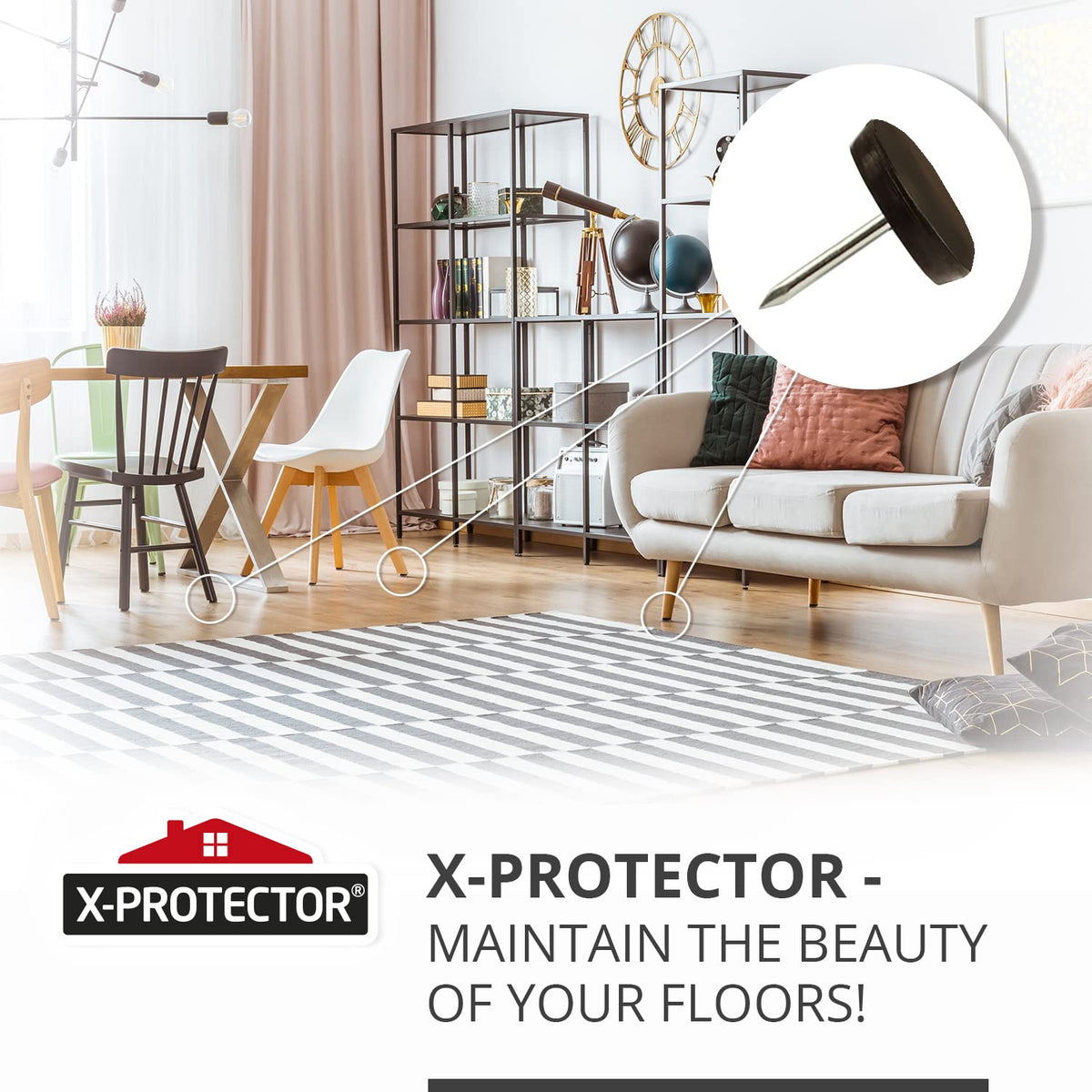 X-Protector brown nail-on glides shown on furniture legs ready for use.