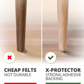 X-PROTECTOR anti-scratch pads safeguard furniture feet on wood floors.