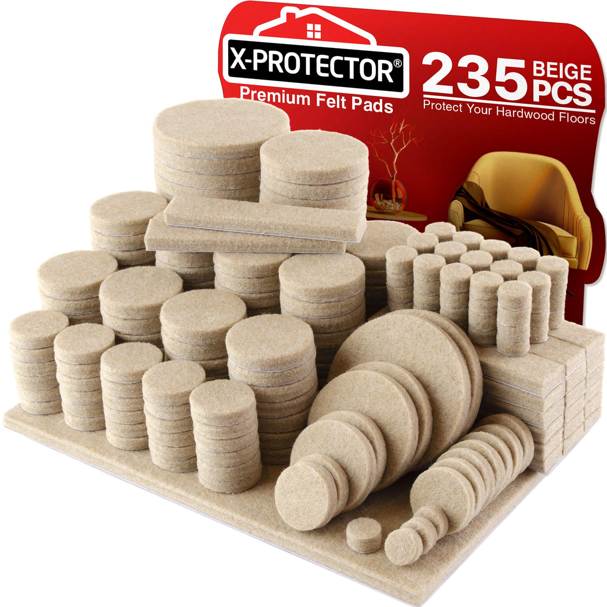 X-PROTECTOR beige felt pads 235-piece set protecting floors from scratches.