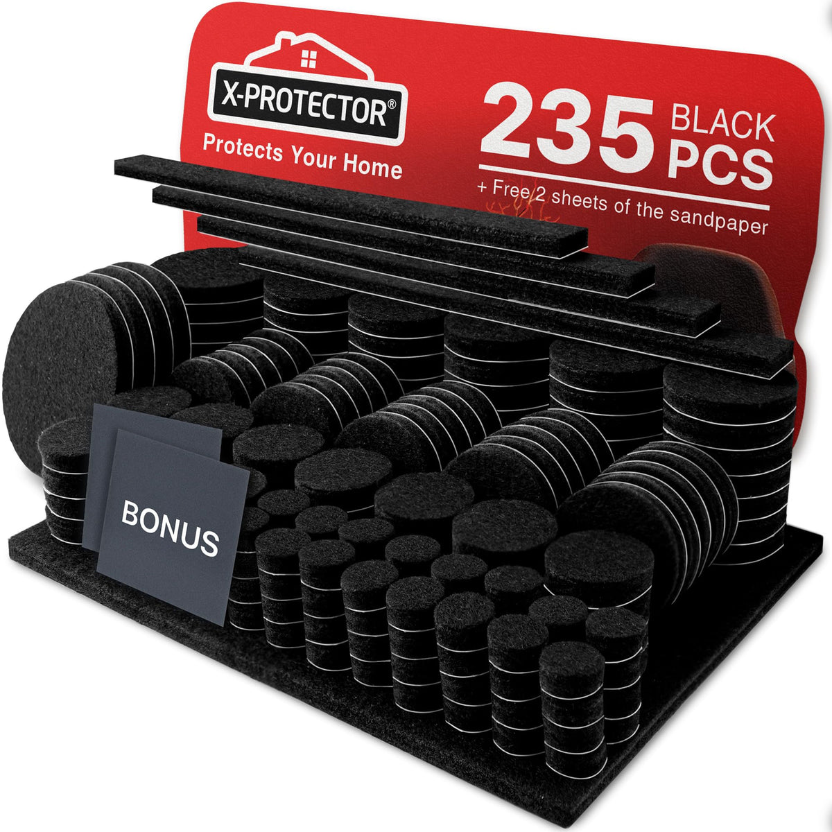 X-Protector felt pads 235-piece layout for versatile furniture protection on hardwood floors.