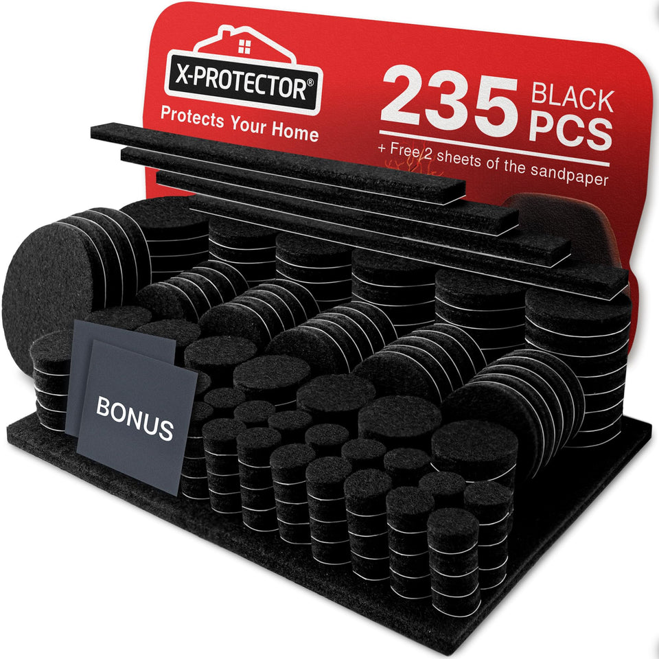 X-Protector felt pads 235-piece layout for versatile furniture protection on hardwood floors.