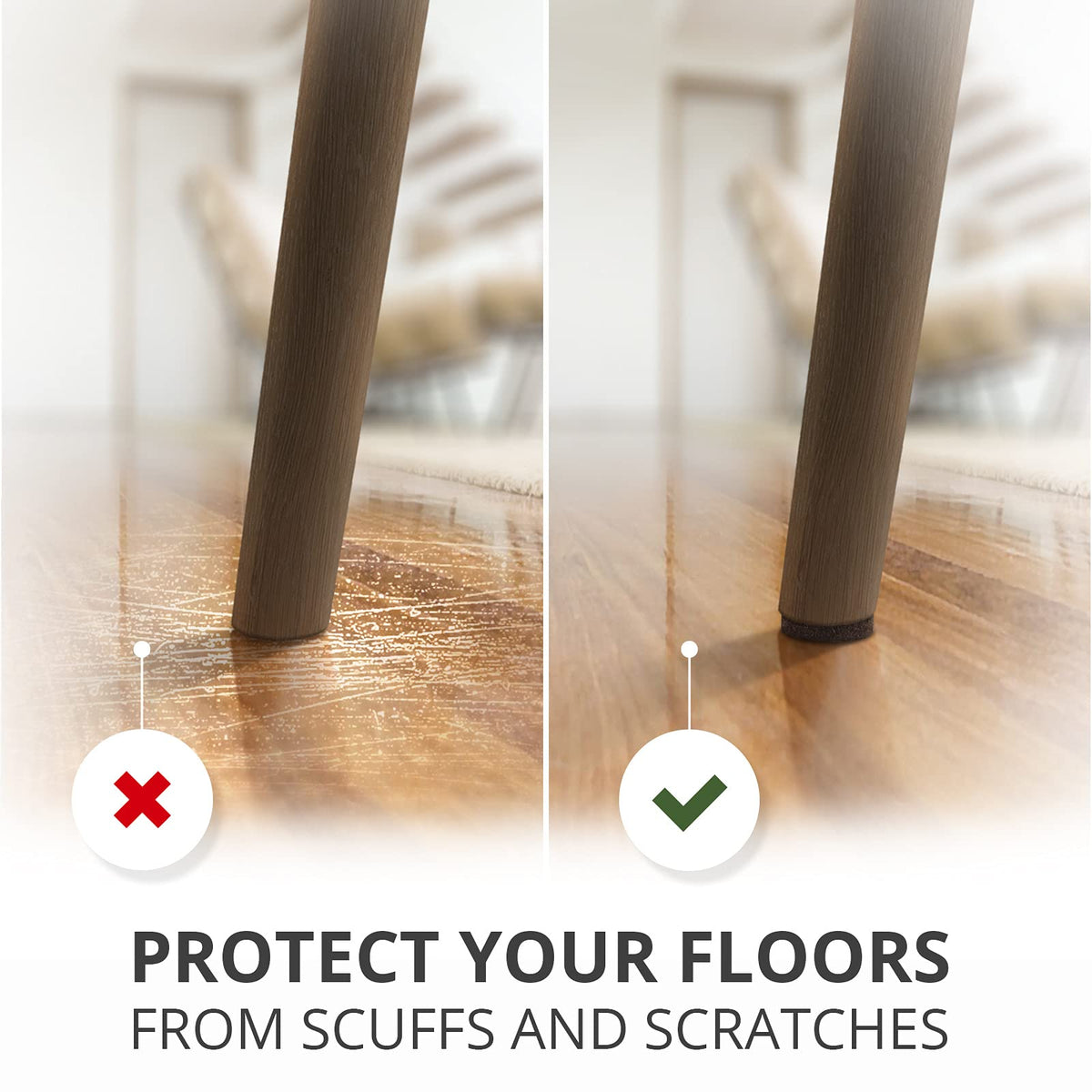 X-PROTECTOR pads easy to apply to furniture feet for quick protection.