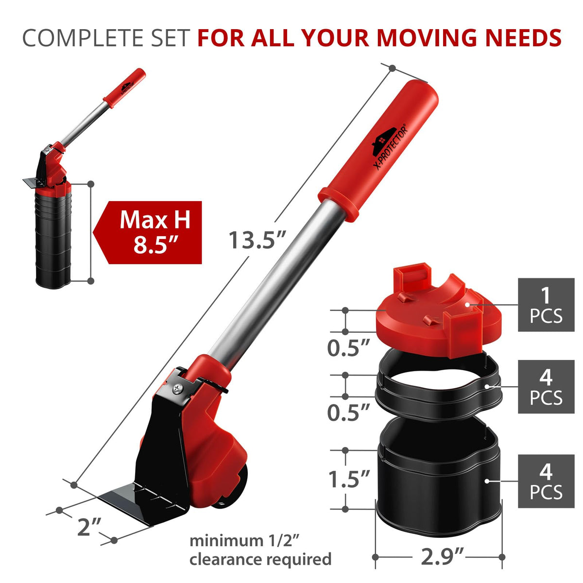 X-Protector Furniture Lifter showing 8.5-inch height adjustment for versatile lifts