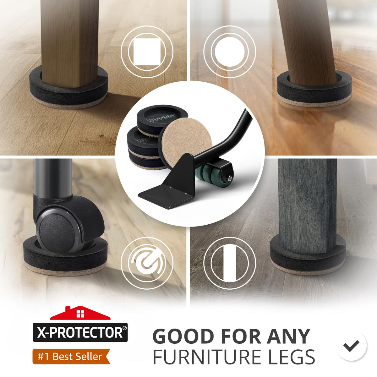 X-Protector heavy-duty set with sliders and lifter for long-lasting floor protection.