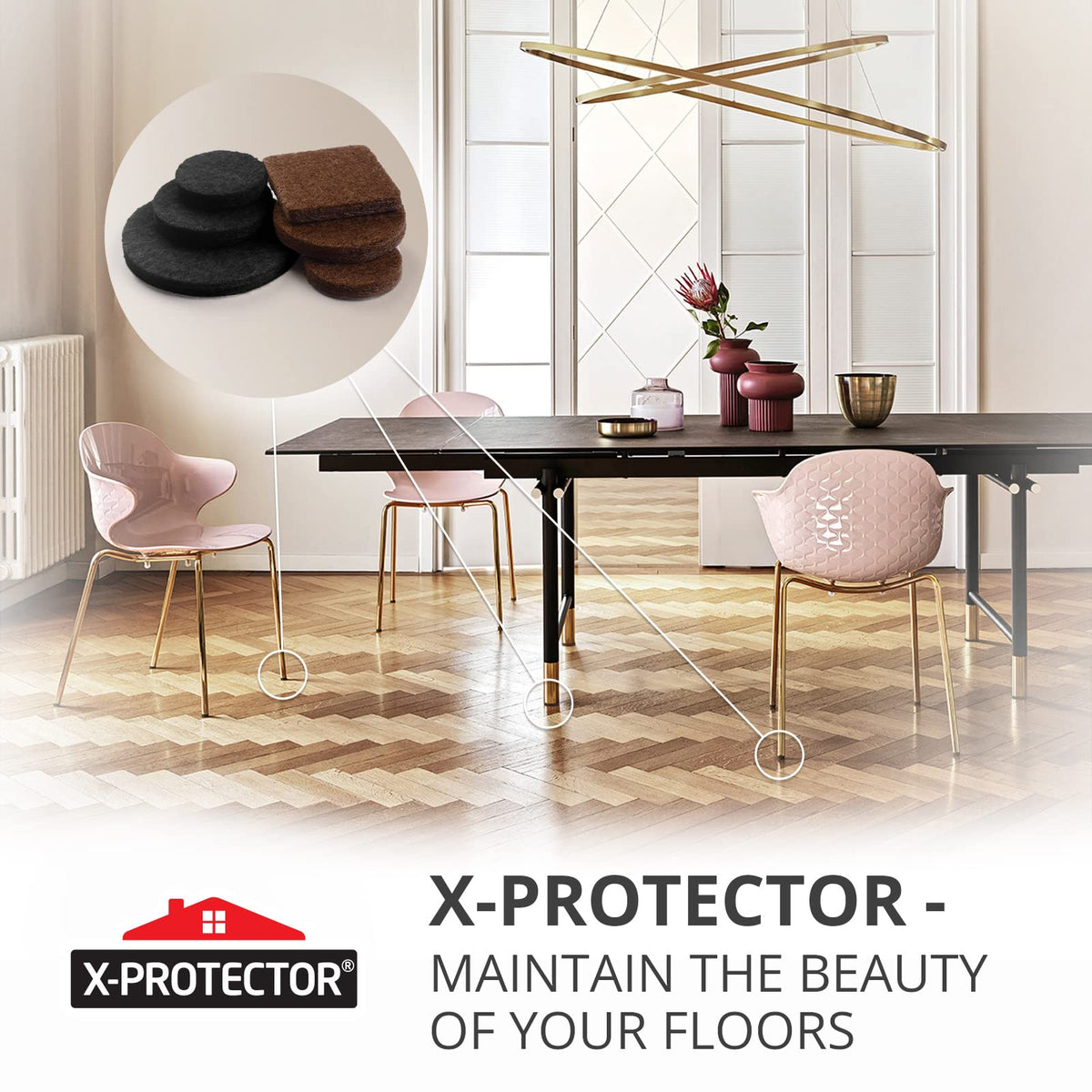 X-Protector easy-to-apply felt pads for heavy furniture legs