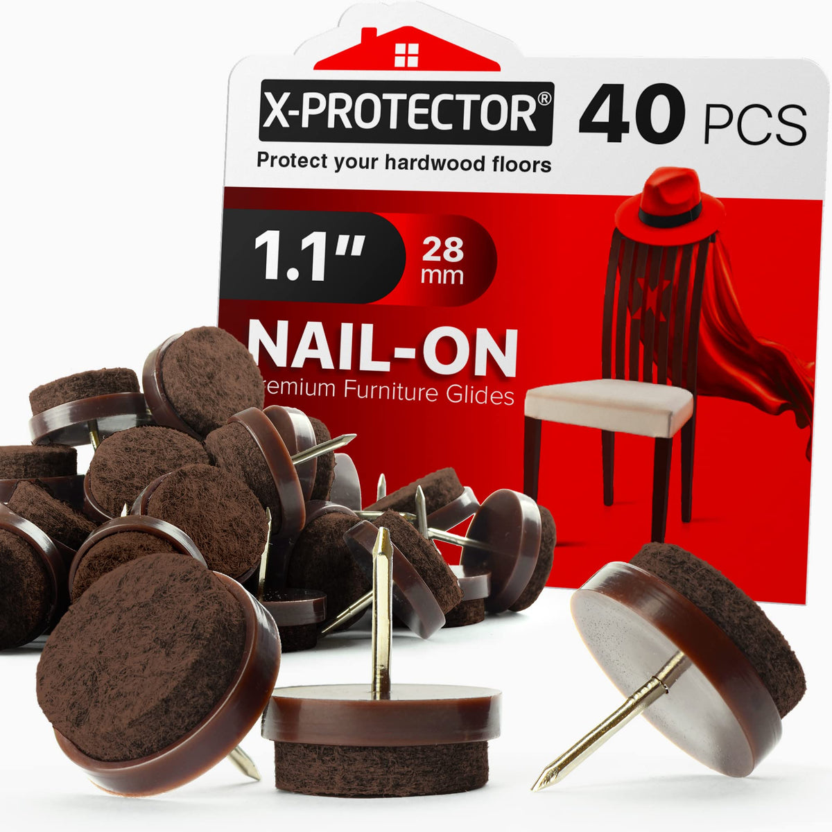X-PROTECTOR nail-on felt pad on a chair leg protecting hardwood floors from scratches