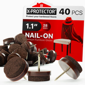 X-PROTECTOR nail-on felt pad on a chair leg protecting hardwood floors from scratches