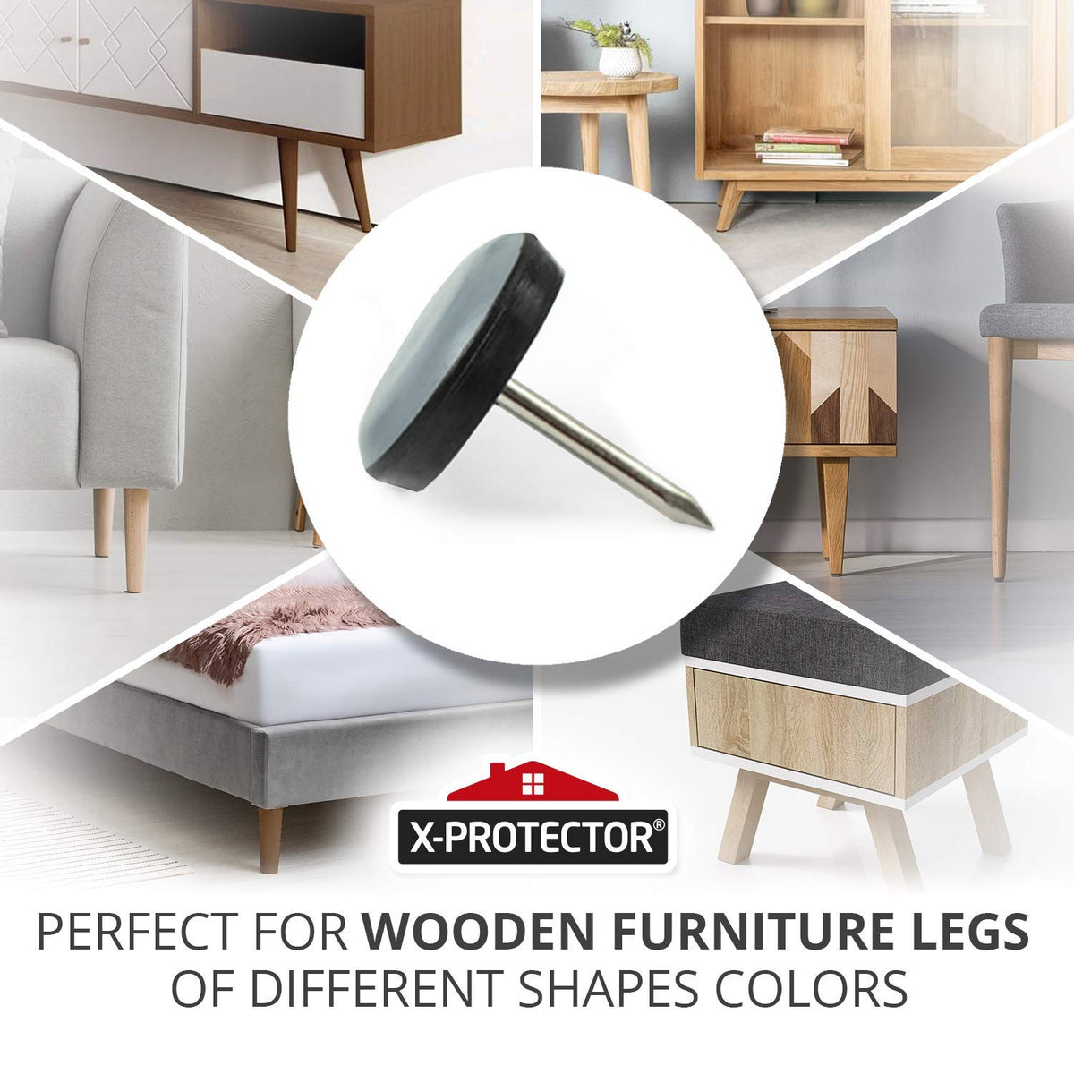 X-Protector nail-on installation closeup shows durable attachment to chair leg