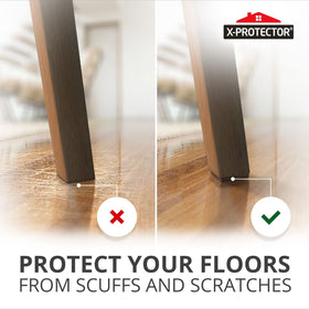 X-Protector non-slip pad on table leg stabilizes movement and protects surfaces.