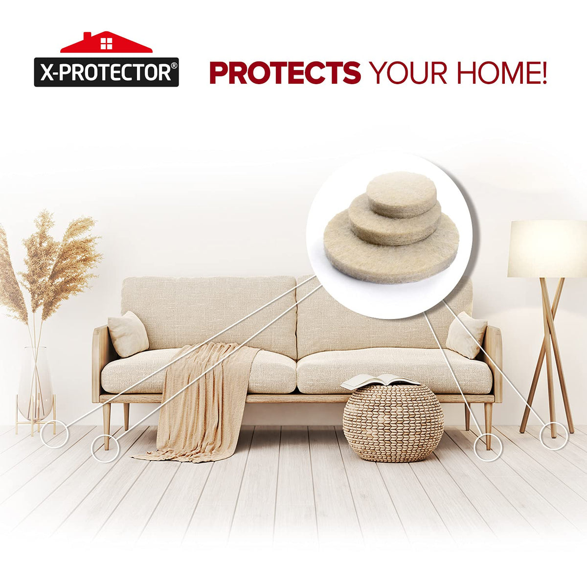 X-PROTECTOR beige pads pack keeps floors protected and furniture moving quietly.