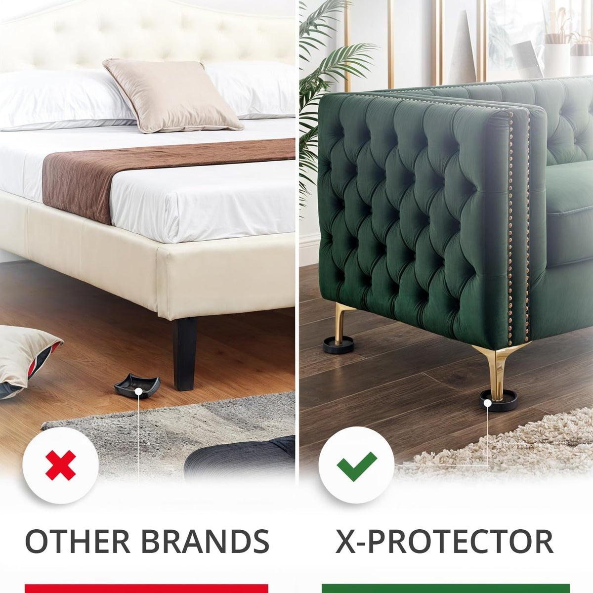 Rubber floor protectors shield hardwood and tile surfaces from furniture marks.