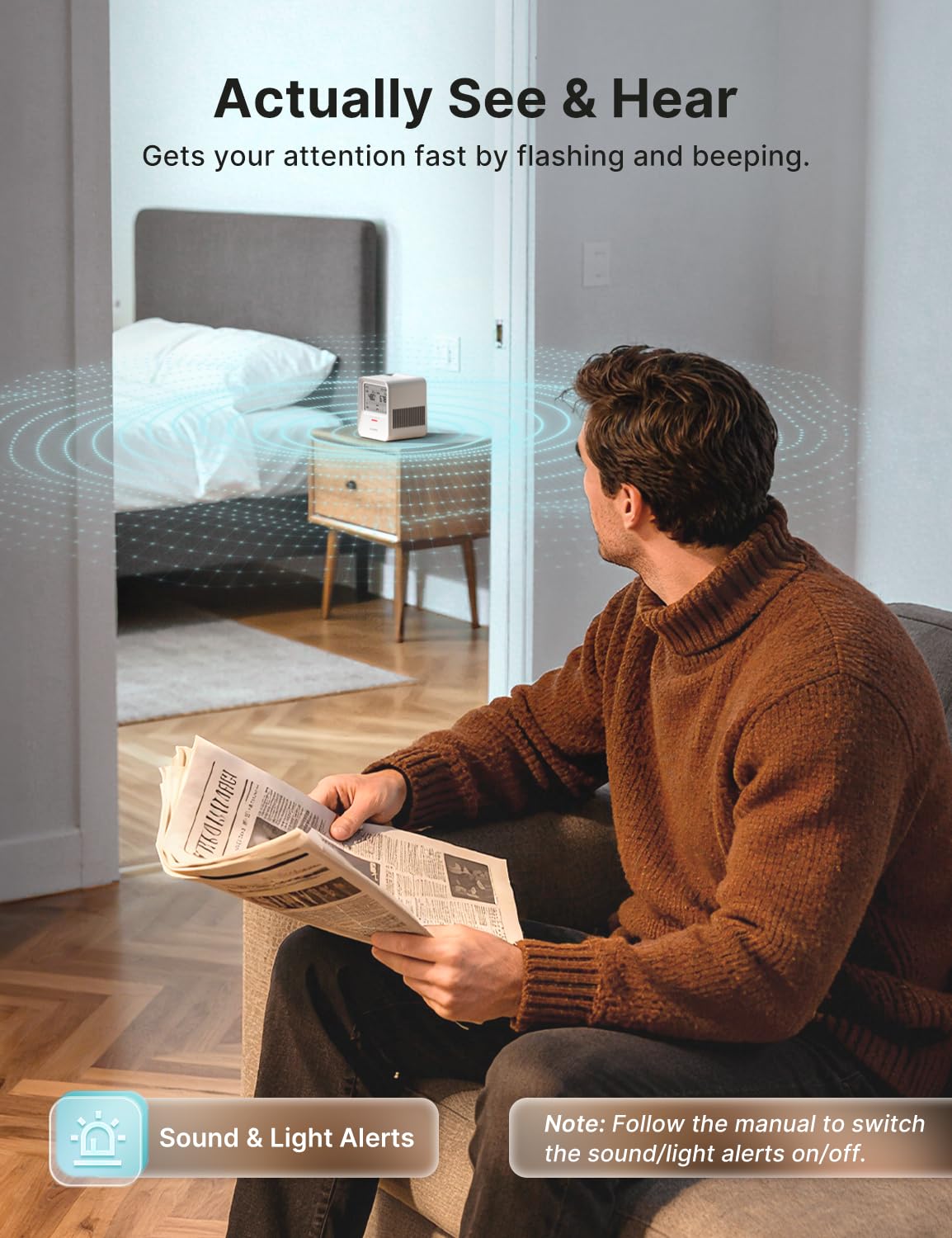 Audible alert on X-Sense XR0B-SR signals radon threshold exceedance.