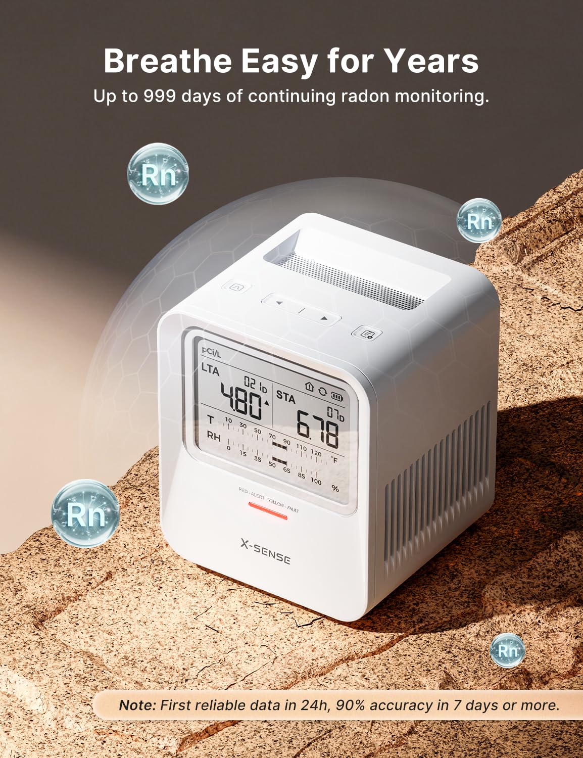 X-Sense XR0B-SR radon detector display panel shows temp and humidity readings.