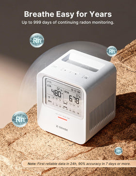 X-Sense XR0B-SR radon detector display panel shows temp and humidity readings.