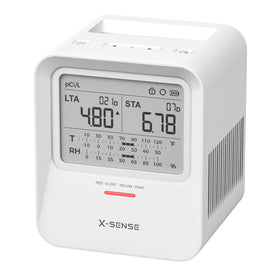 X-Sense XR0B-SR radon detector front view for compact home monitoring.