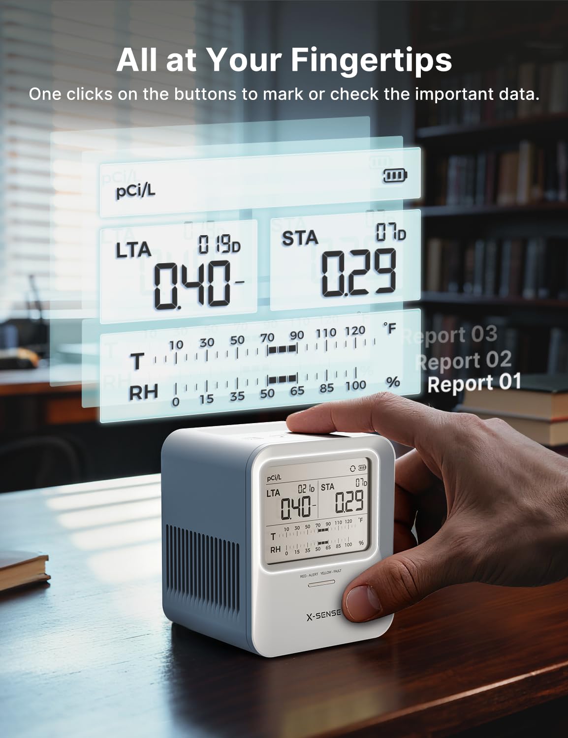 XR0B-SR in use in living room for continuous radon monitoring.