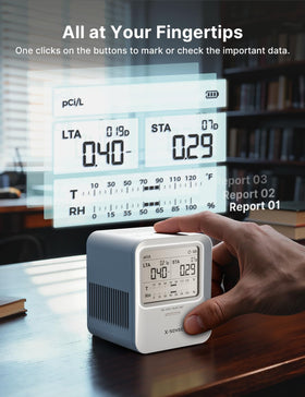 XR0B-SR in use in living room for continuous radon monitoring.